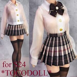 ＊toco＊Phicen/TBLeague用 S24 制服セット 金ボタン留めシャツ×チェックスカート/ブラウン