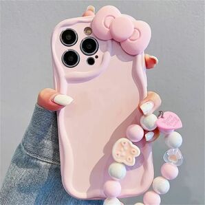 iPhoneケース ストラップ付き うねうね リボン キティちゃん チェーン なみなみ ウェーブ かわいい ピンク 韓国