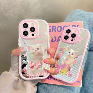 iPhone13/14ケース ミラー 猫 かわいい 韓国 鏡付き リボン ネコ cat 薔薇 バラ 蝶々 ちょうちょ 大人可愛い