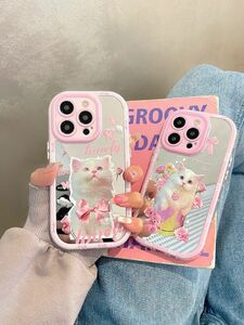 iPhone13/14ケース ミラー 猫 かわいい 韓国 鏡付き リボン ネコ cat 薔薇 バラ 蝶々 ちょうちょ 大人可愛い