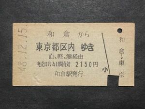 古い切符＊和倉 から 東京都区内 ゆき 直、軽、熊 経由 2150円 和倉駅発行 昭和48年＊国鉄 鉄道 資料