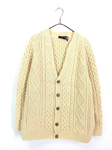 古着 70-80s Ireland製 Abbey knitwear アラン フィッシャーマン ローゲージ ウール ハンド ニット カーディガン XL位