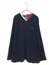 古着 90s TOMMY JEANS ワンポイント 凸凹 ベロア パイル ピケ 長袖 Tシャツ ロンT L 古着_画像1