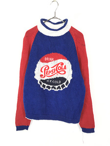 レディース 古着 90s PEPSI COLA ペプシコーラ 瓶 王冠 刺しゅう 麻 コットン ロール ハイネック ニット セーター L 古着