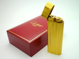 1000円スタート ガスライター Cartier カルティエ オーバル 楕円形 ゴールド ローラー 着火未確認 ヘリンボーン 箱付 喫煙グッズ TTK Q705