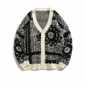 新品: バンダナ柄 ニット カーディガン セーター ペイズリー Paisley bandana pattern cardigan ブラック 黒 サイズ XL【送料無料】