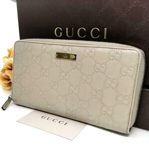 送料無料 グッチ GUCCI ラウンドファスナー 長財布 GGシマ レザー アイボリー系 プレート金具 ジッピーウォレット 112724・3731 イタリア製