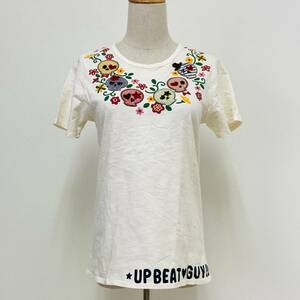 YH0001 rough ラフ レディース Tシャツ 半袖 花 ドクロ ナチュラル 薄手 オフホワイト F 綿100％ 古着 USED ベーシックカジュアルスタイル