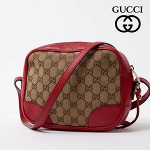 ★ほぼ未使用品★GUCCI　グッチ　449413 GGキャンバス×レザー レディース 斜め掛け ショルダーバッグ　レッド　メンズ　レディ　10-11-01