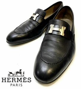 HERMES コンスタンス シルバーHバックル レザーモカシンシューズ エルメス ローファー スリッポン 革靴ドレスshoes ビジネス Hロゴ 44 28cm