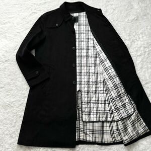 希少LL◎バーバリーブラックレーベル BURBERRY ノバチェック アンゴラ混 ステンカラーコート キルティングライナー ロング 黒 ビジネス