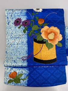 名古屋帯 刺繍 青色系 正絹 中古保管品 / 和装 良品 アンティーク 昭和レトロ《A0128k7》