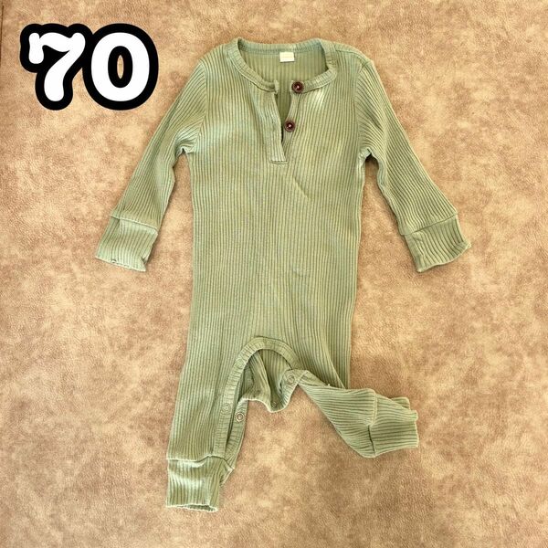 70【ロンパース】リブ グリーン 男の子 女の子 赤ちゃん ベビー 新生児 韓国 春服