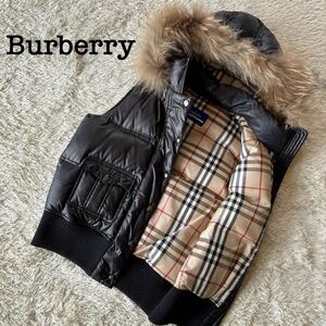 1円〜【美品】バーバリーブルーレーベル ダウンベスト タヌキファー ラクーンファー ノバチェックBURBERRY BLUELABEL ホース刺繍 38 M 