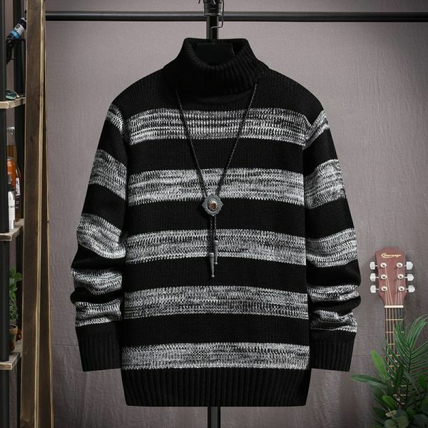 【黒】【L】メンズ セーター タートルネック ボーダー デザイン ニット カジュアル トップス グレー 白黒 ブラック ホワイト 秋 冬