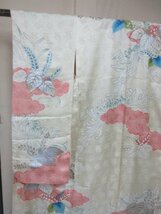 1円 中古 正絹 着物 振袖 縮緬 卒業 入学 刺繍 アンティーク 桐 草花 鹿の子 乱菊 高級 袷 身丈157cm 裄63cm【夢職】★★★_画像6