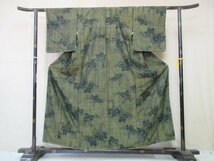 1円 良品 正絹 着物 紬 真綿 深緑 草花 桐 高級 袷 身丈143cm 裄64cm◆逸品◆【夢職】★★★★_画像1