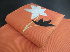 1円 良品 正絹 開き名古屋帯 絽 夏物 橙色 紅葉 楓 草花 お太鼓柄 八寸帯 長さ348cm【夢職】★★★