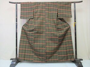 1円 良品 正絹 着物 紬 真綿 深緑 格子 幾何学 抽象 高級 単衣 身丈157cm 裄62cm◆逸品◆【夢職】★★★★