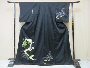 1円 良品 化繊 着物 訪問着 舞台 白黒 モノトーン 龍 波 おしゃれ 単衣 身丈159cm 裄65cm【夢職】★★★