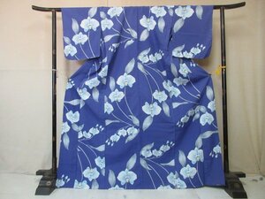 1円 良品 化繊 着物 洗える 小紋 紺 胡蝶蘭 草花 おしゃれ 高級 単衣 身丈157cm 裄68cm【夢職】★★★