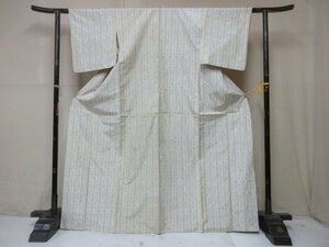 1円 中古 正絹 着物 紬 白 縞 幾何学 抽象 かわいい お洒落 高級 袷 身丈154cm 裄65cm【夢職】★★