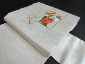 1円 良品 正絹 名古屋帯 引箔 銀駒 金駒刺繍 色紙 菊 梅 枝花 草花 お太鼓柄 九寸帯 高級 長さ367cm【夢職】★★★