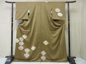 1円 良品 正絹 着物 訪問着 縮緬 卒業 入学 黄土色 花菱 オリエンタル草花 高級 袷 身丈158cm 裄67cm【夢職】★★★