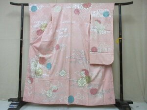 1円 中古 正絹 着物 振袖 縮緬 卒業 入学 桃色 アンティーク 花唐草 菊 観世水 高級 袷 身丈150cm 裄64cm◆逸品◆【夢職】★★★★