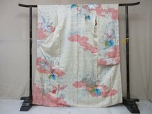 1円 中古 正絹 着物 振袖 縮緬 卒業 入学 刺繍 アンティーク 桐 草花 鹿の子 乱菊 高級 袷 身丈157cm 裄63cm【夢職】★★★_画像1