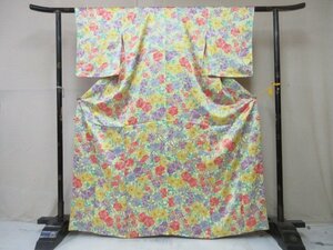 1円 良品 正絹 着物 小紋 縮緬 白 四季花 草花 パステルカラー 可愛い お洒落 高級 袷 身丈153cm 裄61cm【夢職】★★★