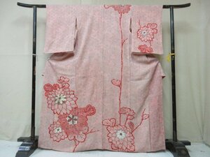 1円 良品 正絹 着物 訪問着 縮緬 卒業 入学 アンティーク 菊 草花 鹿の子 高級 袷 身丈156cm 裄64cm【夢職】★★★