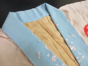 1円 中古 正絹 長襦袢 縮緬 入学 卒業 アンティーク 絞り 刺繍半衿 飛鶴 おしゃれ 袷 身丈124cm 裄63cm【夢職】★★★