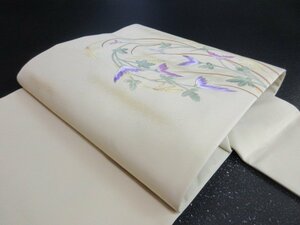 1円 良品 正絹 名古屋帯 塩瀬 菊 草花 可愛い お太鼓柄 九寸帯 長さ370cm【夢職】★★★