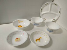 コレール USA CORELLE 耐熱ガラス 食器 / ボウル ランチプレート など まとめて6点 / ディズニー いちご ライオン キリン 子供用 / 中古_画像1