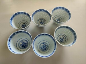 中国茶器　蛍茶碗　景徳鎮　玩玉　煎茶道具　蛍手　青花　染付　蛍透かし　茶碗　茶器　6客　茶道具　蛍焼　ホタル　アンティーク