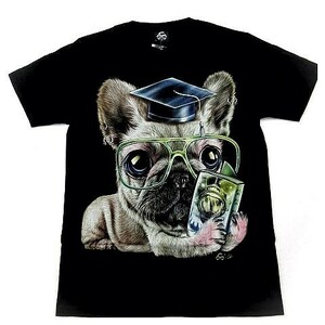 送料無料/新品 半袖Tシャツ パグ イヌ 子犬 大学 科学 犬 スマイル 蛍光ペイント 両面プリント黒 メンズM レディースL 男女兼用■TB20-061