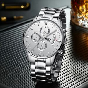 海外人気ブランド NIBOSI クロノグラフ 防水 Sスチールバンド ホワイト×シルバー　メンズ高品質腕時計