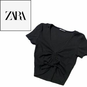 ZARA ザラ リボン 編み上げ ドロップド丈 ショート トップス カットソー 半袖 Ｖネック ブラック 黒 S