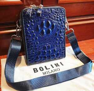 逸品*16万◆イタリア・ミラノ発*BOLINI/ボリニ・最上級牛革・クロコダイル*ショルダーバッグ/リュックサック・紺