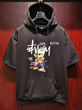 最上級※定価5万◆イタリア・ローマ発*ROBERT CAVANI※KITH designer・ROCKERSクマ*プルオーバー半袖*夏秋のパーカー/46/m・黒_画像1