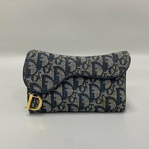 美品 希少品 Christian Dior ディオール トロッター キャンバス レザー 本革 二つ折り 財布 折り財布 ミニ ウォレット ネイビー 32358_画像1