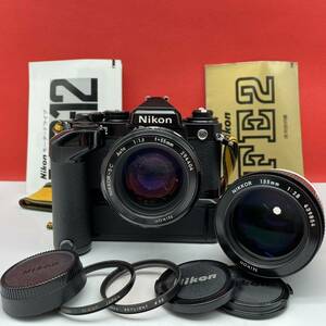 □ 防湿庫保管品 Nikon FE2 一眼レフ フィルムカメラ NIKKOR-S.C Auto 55mm F1.2 / NIKKOR 135mm F2.8 Ai レンズ MD-12 動作確認済 ニコン