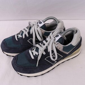 574 ニューバランス 25.0cm/new balance 紺 ネイビーブルーグリーン 灰 グレー 中古 古着 スニーカー メンズ スニーカー yy2783