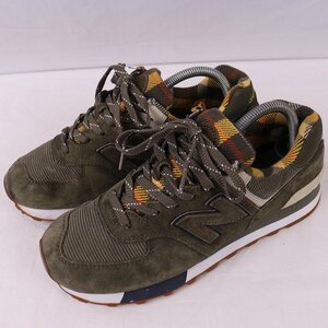 574 ニューバランス 26.0cm/new balance ダークオリーブ イエロー 紺 白 チェック柄 中古 古着 スニーカー メンズ yy8689