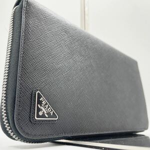 1円〜【現行 未使用級】プラダ PRADA 長財布 メンズ ビジネス ラウンドファスナー ウォレット 三角ロゴ 金具 サフィアーノ レザー ブラック