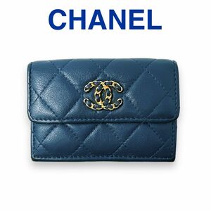 シャネル 3つ折り財布 19 マトラッセ AP0727 ネイビー ラムスキン CHANEL ココマーク レザー