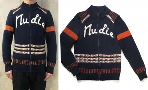 NUDIE JEANS ヌーディージーンズ nudieロゴ ジップアップ ウール ニット ジャケット M ネイビー