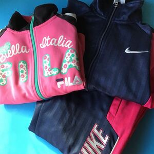 used 子供服「 NIKE & FILA 130-140サイズ ジャージ 上 2つに下1つ 」色褪せあり / ナイキ フィラ / ピンク 紺色 / ひっかけ 毛玉あり