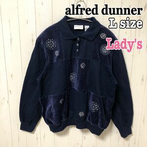 alfred dunner アルフレッドダナー 襟付き トレーナー スウェット レディース 刺繍 花 ネイビー 紺色 切り替え 異素材 肩パッド 古着